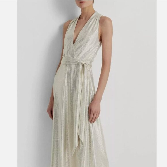 Lauren Ralph Lauren Metallic Shine Print Halter Dress Size 10 - Picture 2 of 10